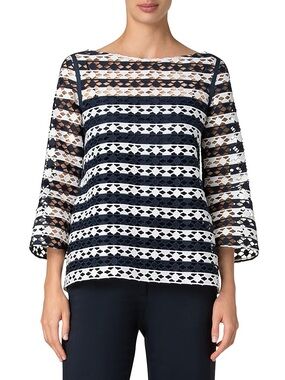Akris Punto White & Blue Guipure Lace Relaxed Fit Striped Top Sheer Blouse